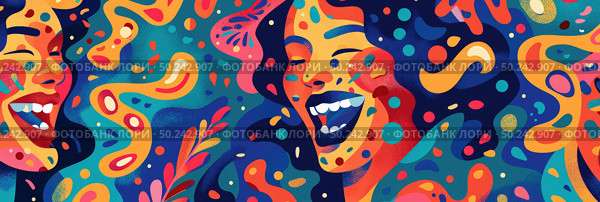 A painting depicting a diverse group of individuals laughing joyfully together, their expressions conveying happiness and camaraderie. Стоковое AI-изображение, AI-художник Данила Большаков / Фотобанк Лори
