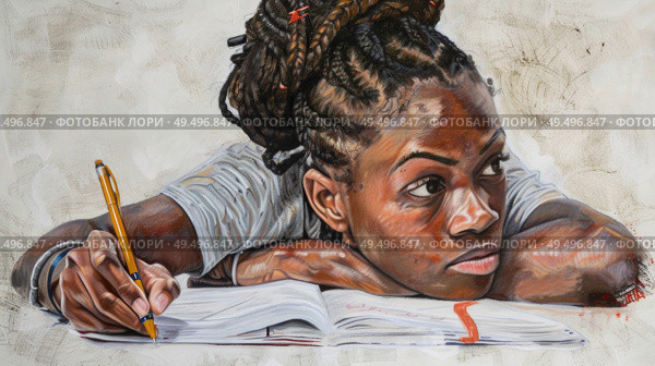 A painting depicting a woman seated and focused, writing on a book in a detailed setting with classical elements. Стоковое AI-изображение, AI-художник Данила Большаков / Фотобанк Лори