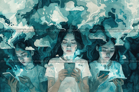 A painting depicting three young girls staring at their smartphones intently, each absorbed in their digital world. Стоковое AI-изображение, AI-художник Данила Большаков / Фотобанк Лори