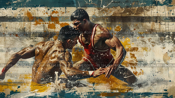 A painting depicting two men engaged in a wrestling match in the water, showing intense physical struggle and athleticism. Стоковое AI-изображение, AI-художник Данила Большаков / Фотобанк Лори