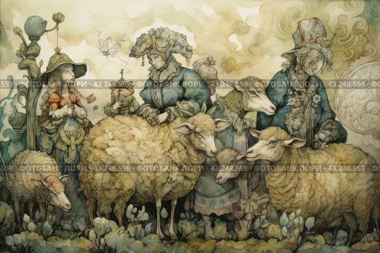 A painting done in the Rococo style depicting scenes of rural life. In the foreground are elegantly dressed women in vintage dresses with hats decorated with flowers, standing among sheep. Women interact with animals, creating an atmosphere of harmony and tranquility. The painting is made in soft pastel colors using soft watercolor transitions, which gives it a romantic and fairy-tale character. In the background you can see fantasy elements and plants, which adds magic and dreaminess to the scene. Стоковое AI-изображение, AI-художник Анна Кривицкая / Фотобанк Лори
