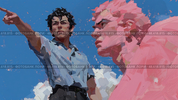 A painting featuring a man pointing accusingly at another man, both figures displaying intense expressions. Стоковое AI-изображение, AI-художник Данила Большаков / Фотобанк Лори