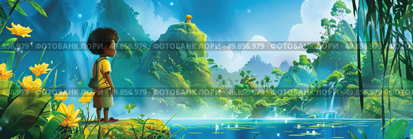 A painting of a boy standing in the midst of a lush jungle, surrounded by towering trees and vibrant greenery. Стоковое AI-изображение, AI-художник Данила Большаков / Фотобанк Лори