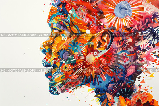 A painting of a persons head with a multitude of colors, creating a striking and lively visual impact. Стоковое AI-изображение, AI-художник Данила Большаков / Фотобанк Лори
