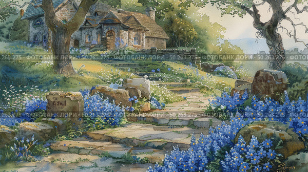 A painting of a rustic house surrounded by dense woods, with vibrant green foliage and sunlight filtering through the trees. Стоковое AI-изображение, AI-художник Данила Большаков / Фотобанк Лори