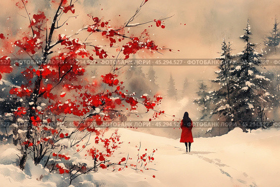 A painting of a winter landscape with a lonely figure of a woman in a red coat walking along a snowy road. In the foreground are branches of bushes with bright red leaves contrasting with the white snow. The landscape is shrouded in a light fog, creating a mystical and melancholic atmosphere. Snowflakes fall smoothly, giving the scene a sense of silence and calm. Snow-covered fir trees are visible in the distance, adding depth and coldness to the overall picture. Стоковое AI-изображение, AI-художник Анна Кривицкая / Фотобанк Лори