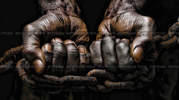 A pair of hands firmly grasp chains, showing strength and restraint in this image. Стоковое AI-изображение, AI-художник Данила Большаков / Фотобанк Лори