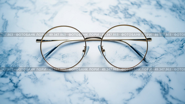 A pair of round glasses with thin gold rim, placed on a white marble surface. пара круглых очков с тонким золотым ободком, расположенных на белой мраморной поверхности. Стоковое AI-изображение, AI-художник Katsiaryna Repich / Фотобанк Лори