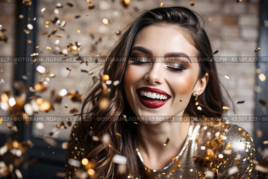 A party. A beautiful, happy girl in a stylish festive dress surrounded by gold confetti and sequins. The concept of celebrating a birthday and a happy new year. Close-up. Стоковое AI-изображение, AI-художник Photojuli / Фотобанк Лори