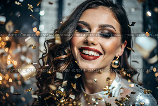 A party. A beautiful, happy girl in a stylish festive dress surrounded by gold confetti and sequins. The concept of celebrating a birthday and a happy new year. Close-up. Стоковое AI-изображение, AI-художник Photojuli / Фотобанк Лори