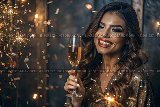 A party. A happy girl in a festive dress with a glass of champagne, surrounded by golden confetti and sequins. The concept of birthday and New Year celebrations. Close-up. Стоковое AI-изображение, AI-художник Photojuli / Фотобанк Лори