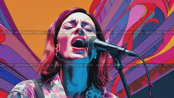 A passionate singer captivates the audience with an energetic performance amidst colorful urban art as the sun sets. Стоковое AI-видео, аниматор Данила Большаков / Фотобанк Лори