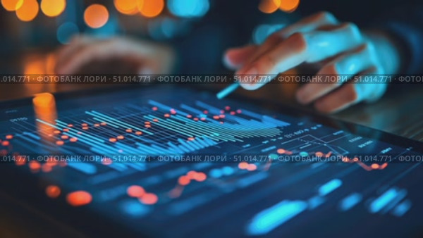 A person analyzes complex data visualizations on a tablet while surrounded by soft lighting in the background. Стоковое AI-видео, аниматор Данила Большаков / Фотобанк Лори