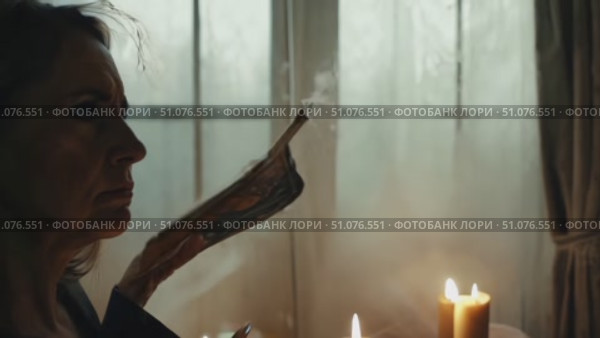 A person engages in a mystical ritual involving candles and a portrait. Стоковое AI-видео, аниматор Данила Большаков / Фотобанк Лори