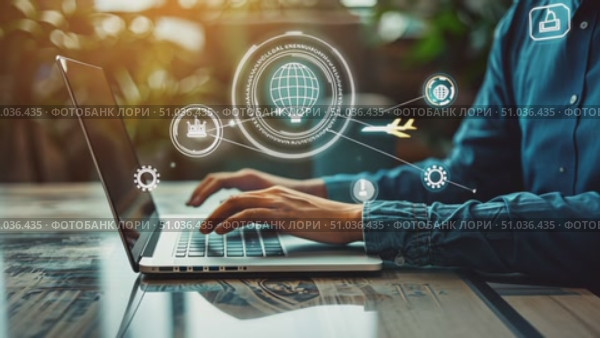 A person engages in online activities at a contemporary workspace, highlighting the importance of connectivity and technology in today's world. Стоковое AI-видео, аниматор Данила Большаков / Фотобанк Лори