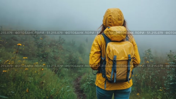 A person heads down a misty trail surrounded by wildflowers, wearing a bright yellow jacket and a backpack during a foggy morning trek. Стоковое AI-видео, аниматор Данила Большаков / Фотобанк Лори