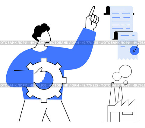 A person holding a gear points to documents while a factory operates in the background. Ideal for business management, industrial processes, production planning, quality control, and organizational. Business Management and Industrial Processes with Symbolic Figures and Equipment. Стоковая иллюстрация, агентство Ingram Publishing / Фотобанк Лори