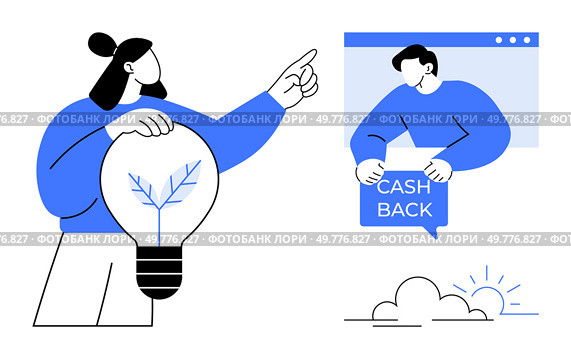 A person holding a lightbulb with a tree inside points toward another person emerging from a browser window holding a cash back sign. Ideal for business, finance, ideas, marketing, and innovation. Creative Concept of Idea with Cash Back Illustration Featuring Characters in Blue Theme. Стоковая иллюстрация, агентство Ingram Publishing / Фотобанк Лори