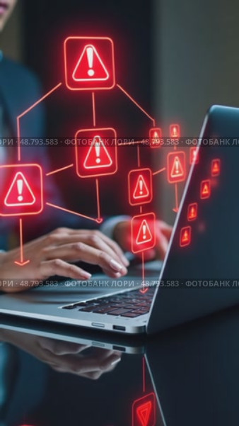 A person in a business suit working on a laptop with virtual icons related to warnings and errors, displaying a red exclamation sign in red triangle. Стоковое AI-видео, аниматор Sergey Grishin / Фотобанк Лори