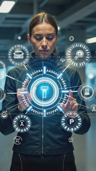 A person in a futuristic suit interacting with holographic tech elements, including digital icons and interfaces, front view, bright hi-tech background. Стоковое AI-видео, аниматор Sergey Grishin / Фотобанк Лори