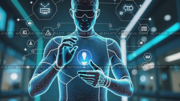 A person in a futuristic suit interacting with holographic tech elements, including digital icons and interfaces, front view, bright ambient light. Стоковое AI-видео, аниматор Sergey Grishin / Фотобанк Лори