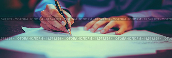 A person is carefully writing on a sheet of paper at a desk, concentrating on their work while using a pen to finalize important documents. Стоковое AI-изображение, AI-художник Данила Большаков / Фотобанк Лори