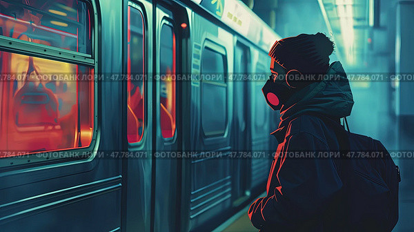 A person is standing next to a subway train on the platform, waiting to board or disembark. The train doors are open, and other commuters can be seen inside. Стоковое AI-изображение, AI-художник Данила Большаков / Фотобанк Лори