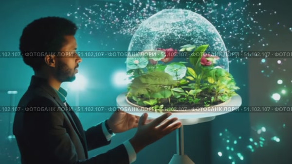 A person observes a holographic globe displaying geographic data in an innovative laboratory space. Стоковое AI-видео, аниматор Данила Большаков / Фотобанк Лори