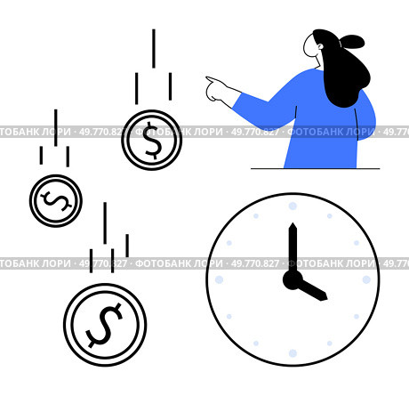 A person pointing at falling dollar coins and a clock. Ideal for financial planning, time management, investment strategies, cost-saving techniques, and business efficiency concepts. Simple modern. Time is Money Concept with Clock and Falling Dollar Coins Illustration. Стоковая иллюстрация, агентство Ingram Publishing / Фотобанк Лори