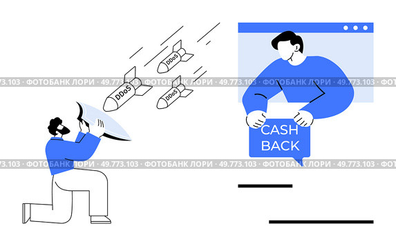 A person shouting into a megaphone which releases word-laden missiles like deals towards a figure in a computer window holding a cash back sign. Ideal for online marketing, promotions, customer. Promoting Cash Back Offers through Online Marketing. Стоковая иллюстрация, агентство Ingram Publishing / Фотобанк Лори