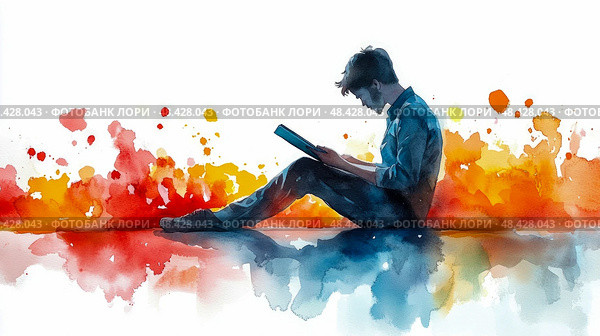 A person sits quietly on the ground, deeply focused on reading, with vibrant watercolor splashes creating a lively background. Стоковое AI-изображение, AI-художник Данила Большаков / Фотобанк Лори