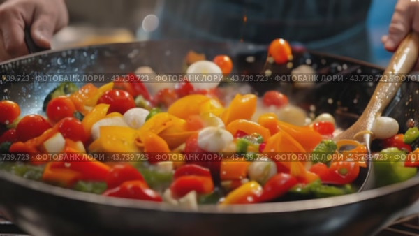 A person stirs a colorful mix of fresh vegetables in a large wok with a wooden spoon. Стоковое AI-видео, аниматор Юрий Поздников / Фотобанк Лори