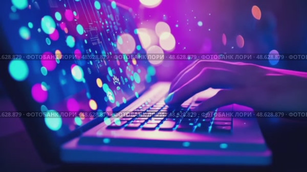 A person types on a neon-lit laptop, surrounded by digital data streams and cybernetic interfaces, representing modern technology and AI. Стоковое AI-видео, аниматор Данила Большаков / Фотобанк Лори