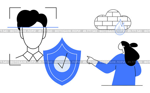 A person undergoing digital identity verification with facial recognition a shield representing security and cloud storage with a droplet. Ideal for digital identity data protection cyber security. Digital Identity Verification and Data Security Protecting Privacy and Cloud Storage. Стоковая иллюстрация, агентство Ingram Publishing / Фотобанк Лори