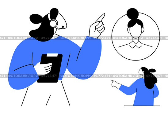 A person wearing a headset and holding a clipboard is pointing upwards. Another smaller person in the background points at a portrait in a circle. Ideal for communication, customer service, support. Customer Service Representative with Headset and Clipboard Making a Point. Стоковая иллюстрация, агентство Ingram Publishing / Фотобанк Лори
