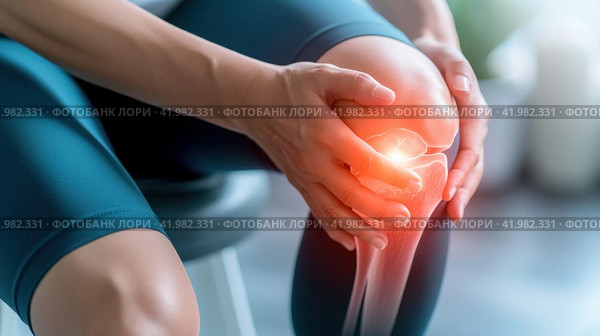 A person with knee pain sitting on a chair, AI. Стоковое AI-изображение, AI-художник Сергей Старуш / Фотобанк Лори