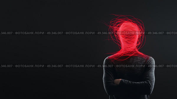 A person wrapped in red threads, symbolizing anxiety and emotional entanglement.Человек, обмотанный красными нитями, символизирующий беспокойство и эмоциональную запутанность. Стоковое AI-изображение, AI-художник Katsiaryna Repich / Фотобанк Лори