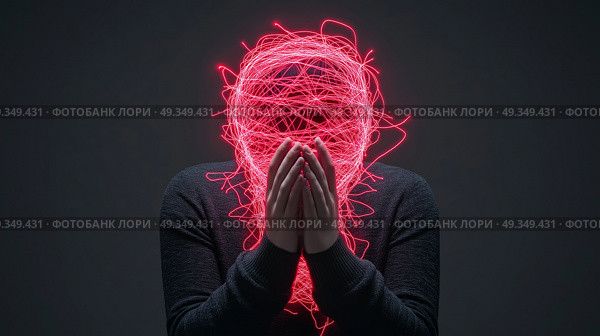 A person wrapped in red threads, symbolizing anxiety and emotional entanglement. Человек, обмотанный красными нитями, символизирующий беспокойство и эмоциональную запутанность. Стоковое AI-изображение, AI-художник Katsiaryna Repich / Фотобанк Лори
