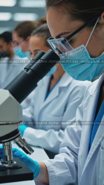 A pharmaceutical lab, scientists in lab coats analyzing samples under microscopes, with shelves of glass vials and sterile white laboratory outfits. Стоковое AI-видео, аниматор Sergey Grishin / Фотобанк Лори