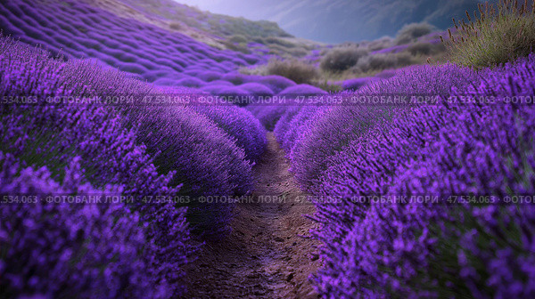 A photo of a lavender field in full bloom, rows of purple lavender stretching as far as the eye can see. Фотография цветущего лавандового поля, ряды пурпурной лаванды тянутся насколько хватает глаз. Стоковое AI-изображение, AI-художник Katsiaryna Repich / Фотобанк Лори