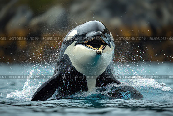 A photograph of a killer whale (Orcinus orca) emerging from the water with its mouth open. The image captures a dynamic moment - splashes of water, powerful lines of the body and the expressive gaze of a sea predator. The background is the sea surface and vague outlines of rocks or shore. An ideal image for use in educational, scientific, environmental and advertising projects dedicated to marine life, nature, animal protection and wildlife. Стоковое AI-изображение, AI-художник Анна Кривицкая / Фотобанк Лори