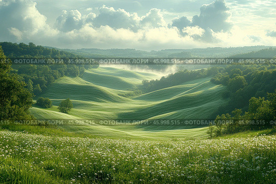 A picturesque landscape with green hills covered with thick grass. The hills create smooth, wavy lines, and groves and forests are visible in the background. In the foreground is a field of white flowers, which add lightness and freshness. In the distance, clouds stretch, hanging low over the horizon, and a light fog envelops the valleys, creating an atmosphere of morning coolness and silence. The light is soft, dissipating, indicating early morning or sunset. Стоковое AI-изображение, AI-художник Анна Кривицкая / Фотобанк Лори