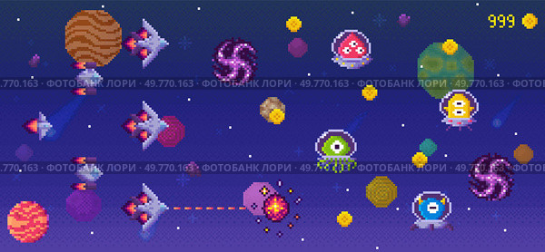 A pixel art space battle scene featuring UFOs, planets, spaceships, and explosions. Ideal for retro video games, sci-fi themes, digital art lovers, educational posters about space, and nostalgic. Retro Space Battle with UFOs, Planets, and Explosions. Стоковая иллюстрация, агентство Ingram Publishing / Фотобанк Лори