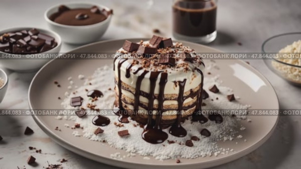 A plate of vegan lamingtons arranged on a light-colored surface, with chocolate sauce drizzling over the top and coconut flakes sprinkled around. The scene includes small bowls of coconut and chocolate chunks to emphasize the dessert’s plant-based ingredients. Стоковое AI-видео, аниматор Ирина Старикова / Фотобанк Лори