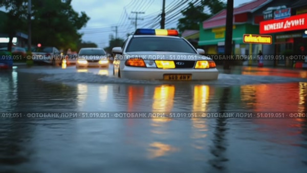 A police car drives through deep floodwaters on a downtown street as heavy rain continues, creating challenging conditions for motorists. Стоковое AI-видео, аниматор Данила Большаков / Фотобанк Лори