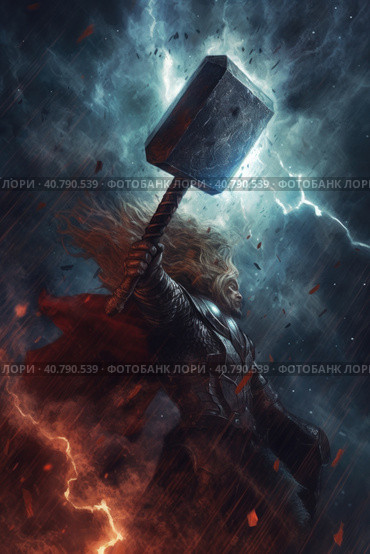 A portrait of old norse scandinavian pagan god Thor with long red hair holding hist hammer Mjolnir. Generative AI image. Стоковое AI-изображение, AI-художник Сергей Старуш / Фотобанк Лори