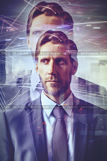 A portrait of thinkful businessman, glass reflections or double exposure, AI generative image. Стоковое AI-изображение, AI-художник Сергей Старуш / Фотобанк Лори