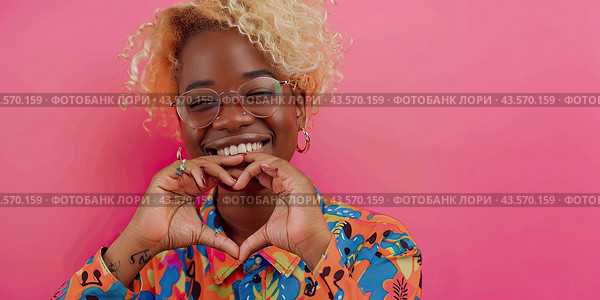A positive young woman with curly hair makes a heart-shaped gesture, smiling broadly. My heart belongs to you. Стоковое AI-изображение, AI-художник Ярославский Максим / Фотобанк Лори