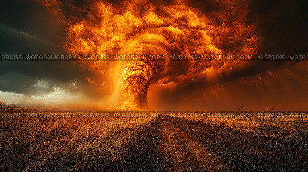 A powerful dust storm sweeps across a desolate landscape, with dark clouds illuminated by an orange glow during sunset, creating a dramatic effect. Стоковое AI-изображение, AI-художник Данила Большаков / Фотобанк Лори
