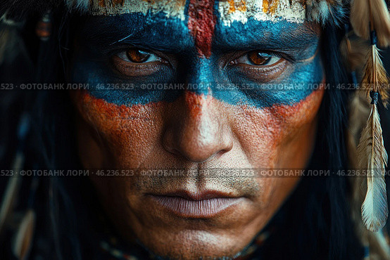 A powerful portrait of a man with a painted face. His gaze is intense and piercing, creating a sense of strength, determination and wisdom. His skin is decorated with traditional martial patterns, done in rich shades of blue, red and black. These colors contrast with his tanned skin, highlighting the details and texture of his face.He wears a feathered headdress, which may indicate its cultural affiliation or ritual significance. The lighting emphasizes the depth of the image, highlighting every wrinkle and pore on the skin, creating a highly realistic effect. The background is darkened, increasing the focus on the face and details of the makeup. Стоковое AI-изображение, AI-художник Анна Кривицкая / Фотобанк Лори